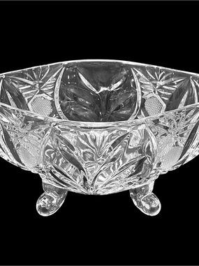 Vintage 1960s Bohemian Crystal Clear Cut Footed Open Candy Dish Floral Pattern